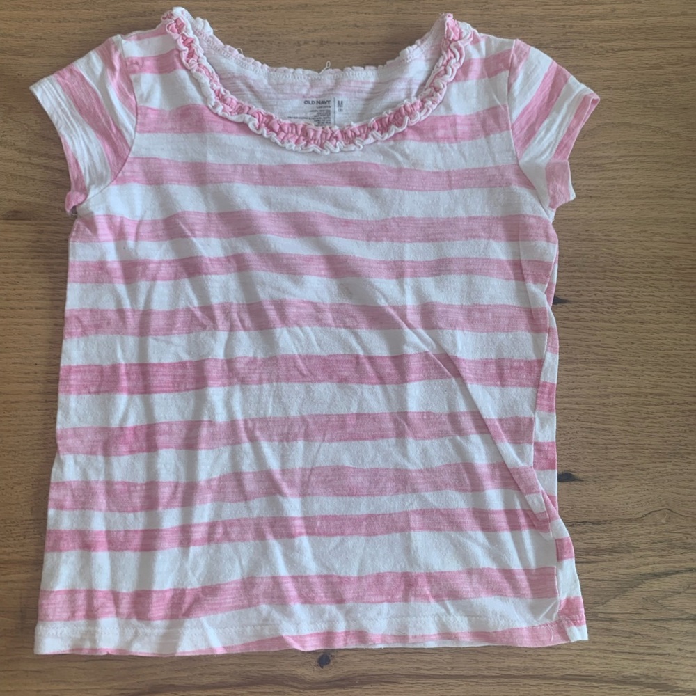 Old Navy Striped Short Sleeve Tee Shirt Scoop Neck Ruffle girls Pink White 8 Pre